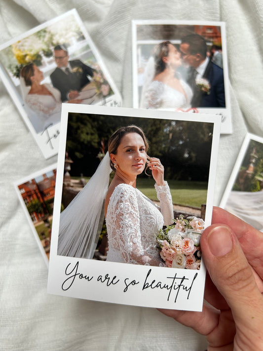 4x Polaroid-style photo print on premium thick paper with a personalised message