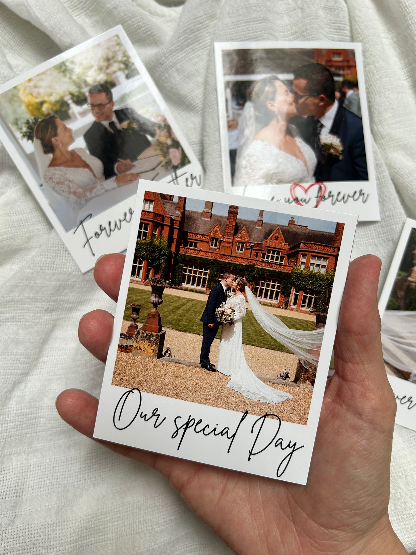 4x Polaroid-style photo print on premium thick paper with a personalised message