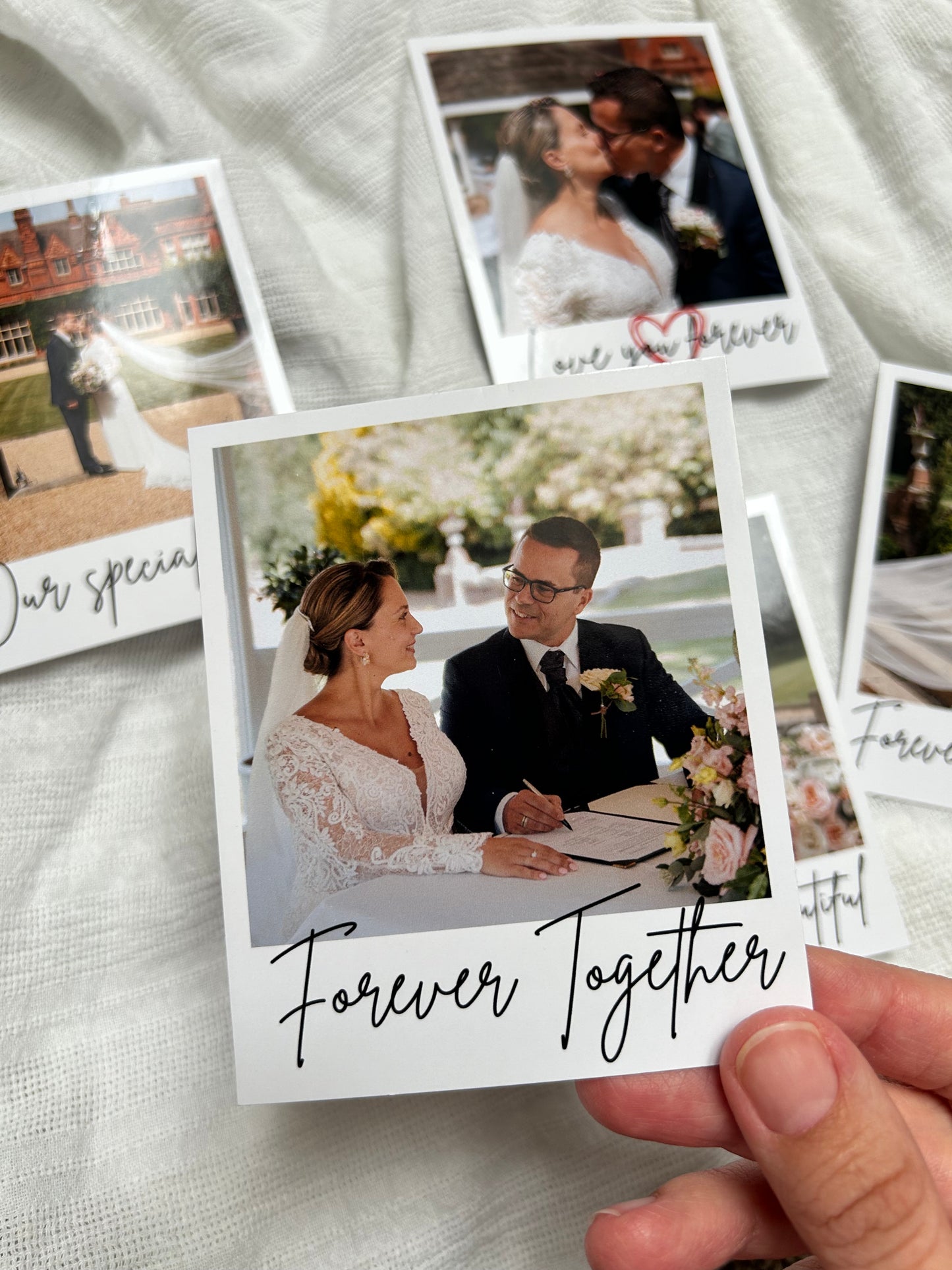 4x Polaroid-style photo print on premium thick paper with a personalised message